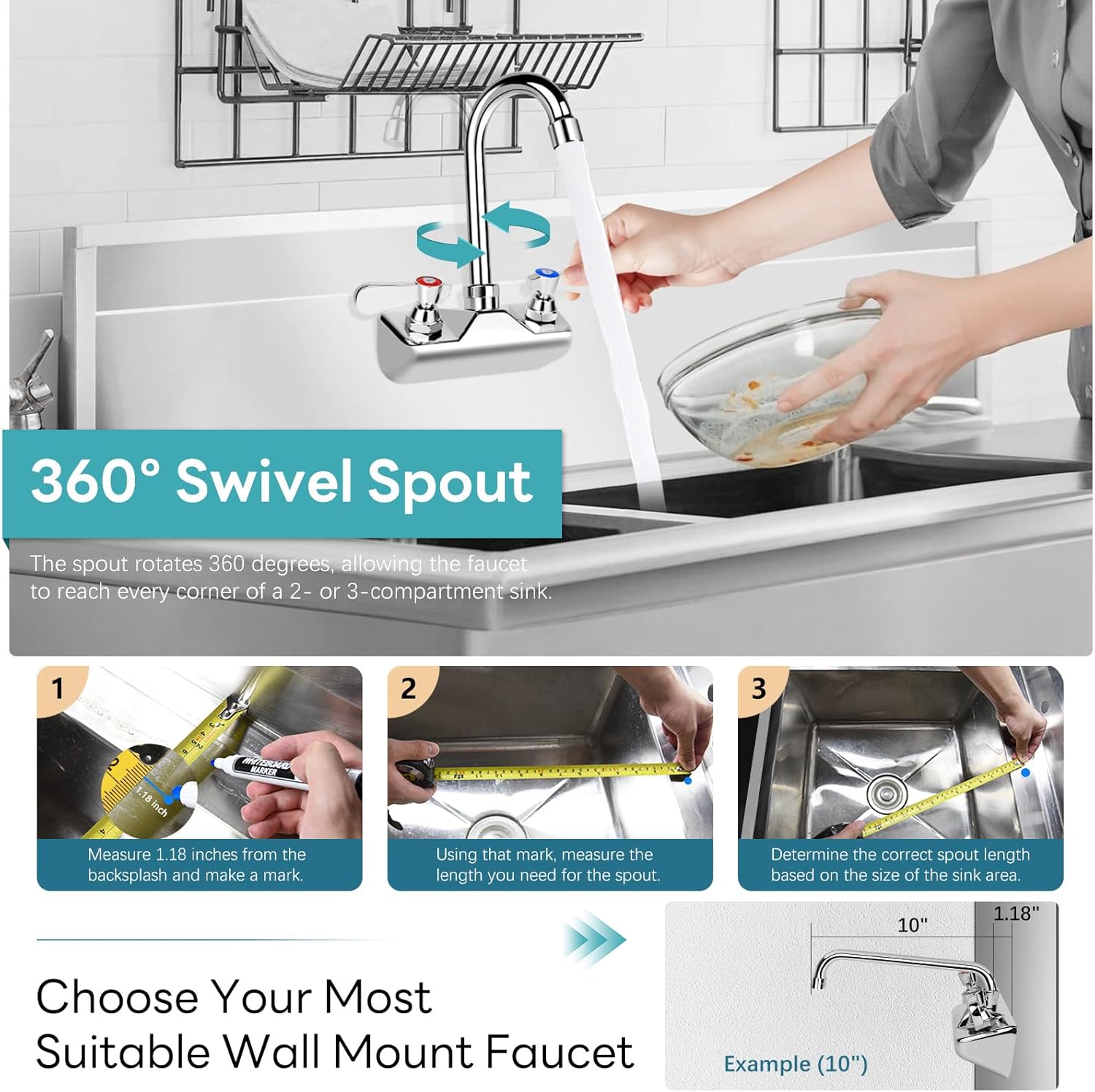 Leak-Free Commercial Bar Hand Sink Faucet 4” Center with 3-1/2" Gooseneck Swivel Spout, Small Kitchen Sink Faucet 2 Hole Wall Mount Brass Constructed for 1 Compartment Sink Utility Restaurant - Image 6