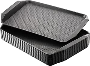 Cedilis 12 Pack Black Plastic Fast Food Trays for Eating, 17IN x 11.7IN Serving Trays with Handles, Rectangular Non Skid Multi-Purpose Plastic Tray for Restaurant, Parties, Coffee Table