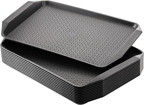Cedilis 12 Pack Plastic Fast Food Trays for Eating, 17IN x 11.7IN Black Restaurant Serving Trays with Handles, Rectangular Cafeteria Tray for Coffee, Parties, Lunch Table, Kitchen, Non Skid