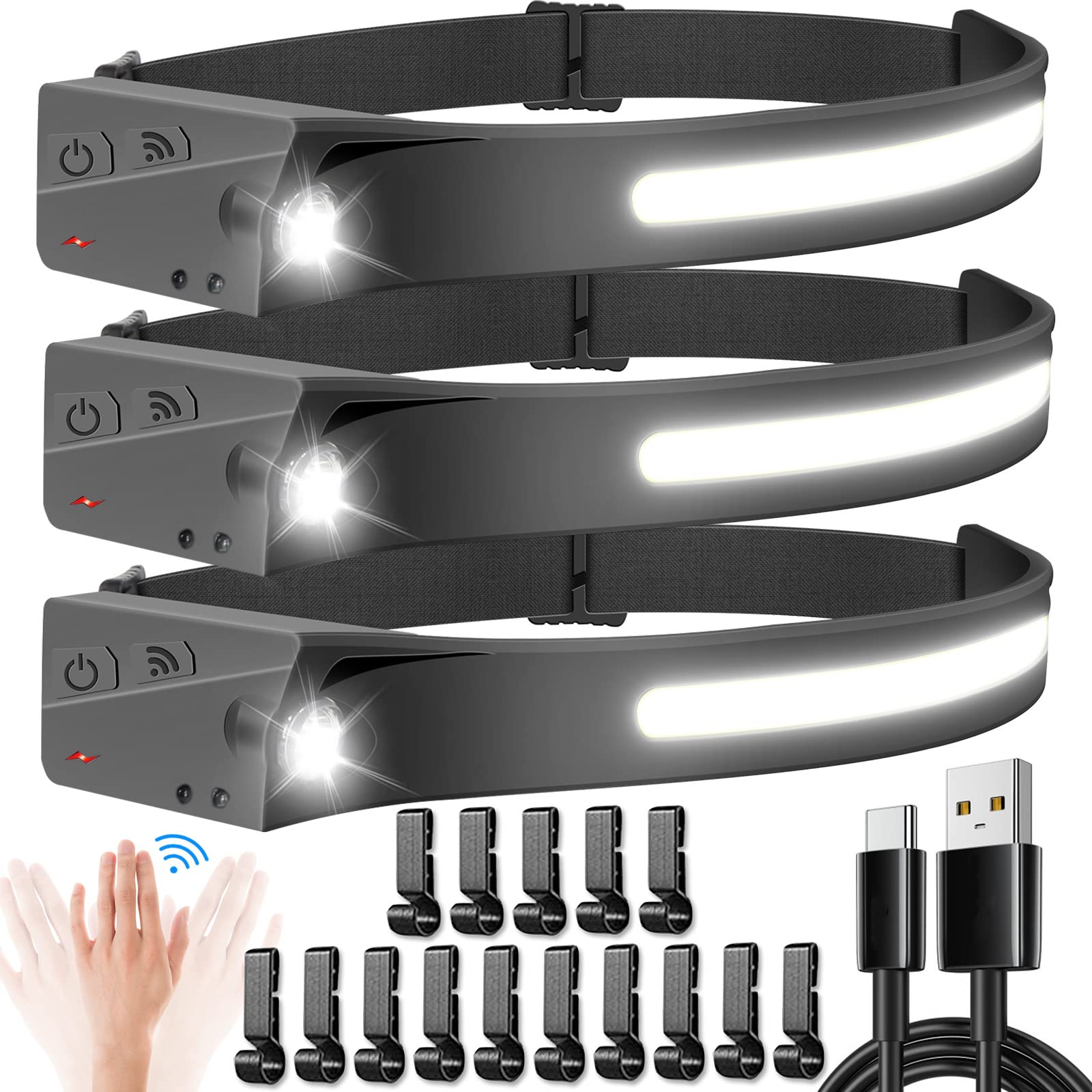 Headlamp Flashlight,3PCS Bright Rechargeable Headlamp 350 Lumen 230° Wide Beam Headlamp,Motion Sensor 5 Modes Lighting LED Headlamp Lightweight Waterproof Head Lamp for Camping Running Hiking