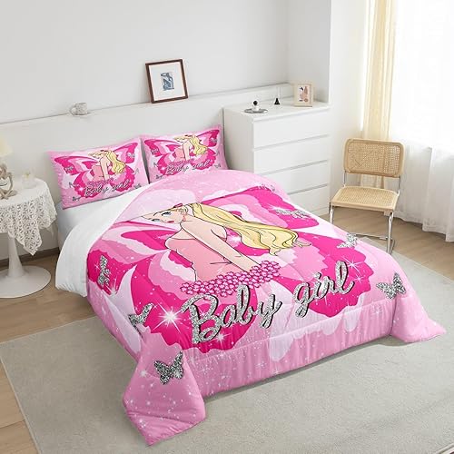 Miniatura 4 de Manfei Juego de edredón de mariposa tamaño Queen, juego de ropa de cama de 3 piezas de dibujos animados rosa femenino para decoración de habitación