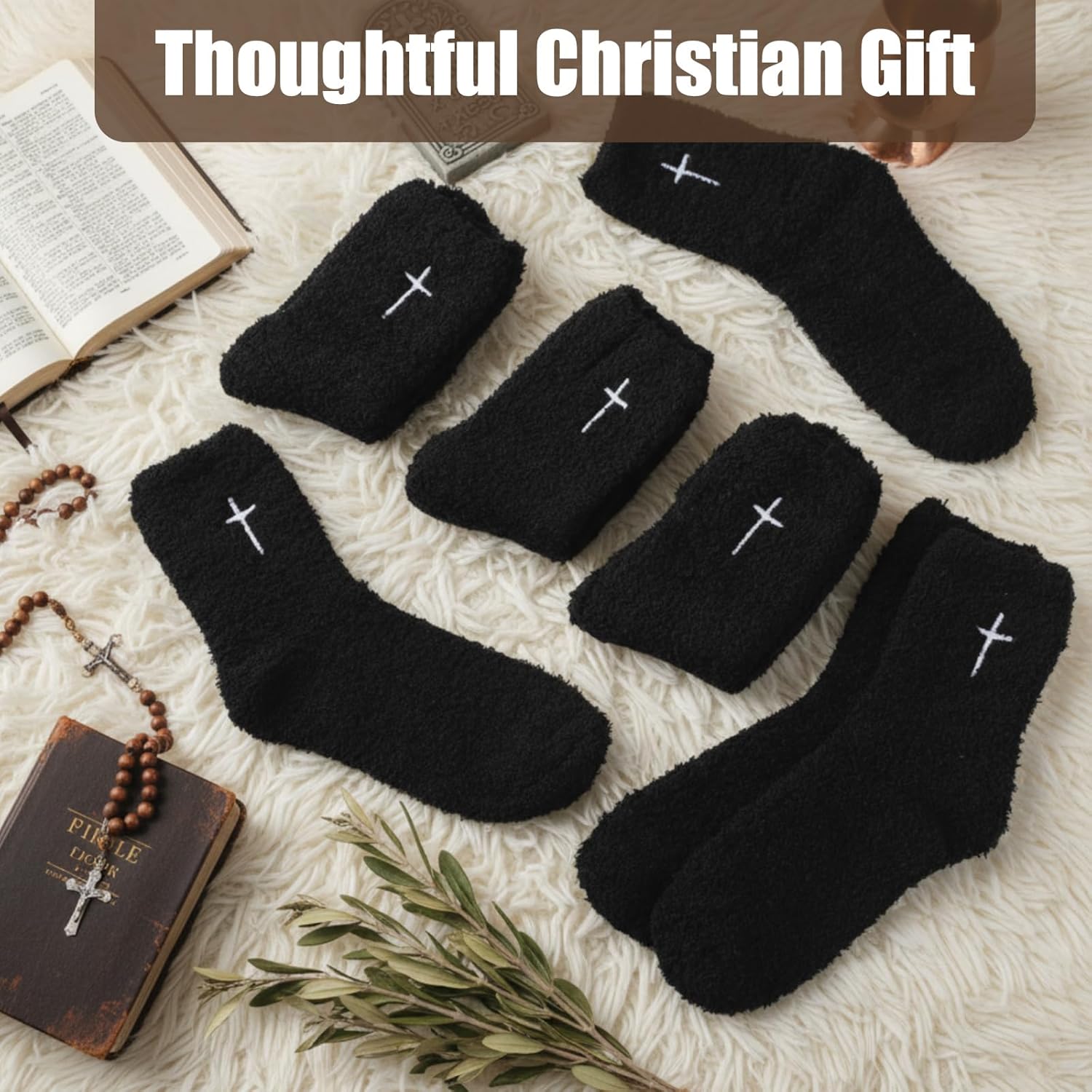5 Pairs Christian Gifts Socks Cross Print Fuzzy Socks Gifts Winter Religious Fluffy Cozy Slipper Sock for Women Men - Image 5