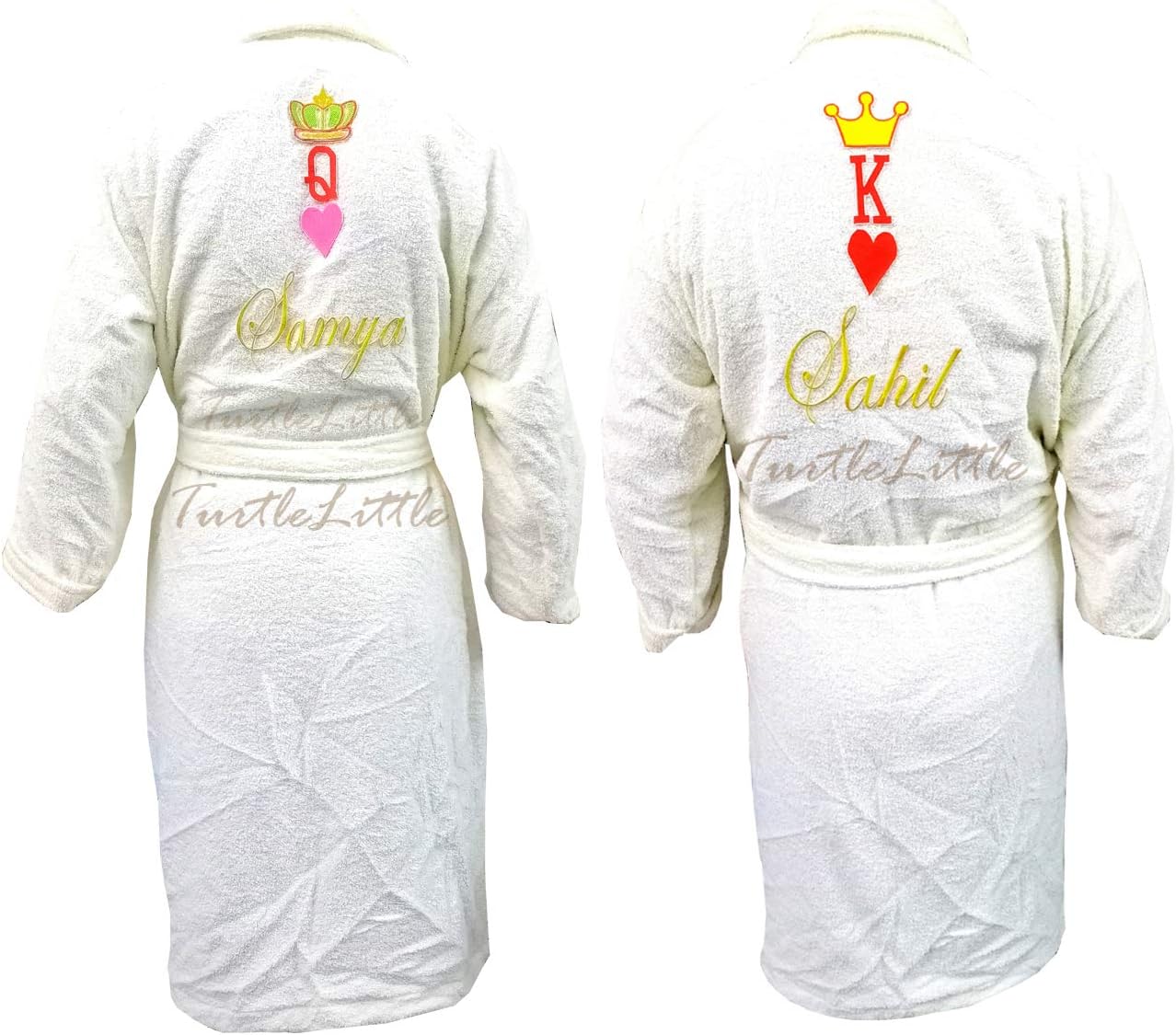 TurtleLittle, Cotton, Personalized Couple Bathrobes, King and Queen of Hearts with Crown, with Name and Initials, 350 GSM (Set of 2, Ivory White)