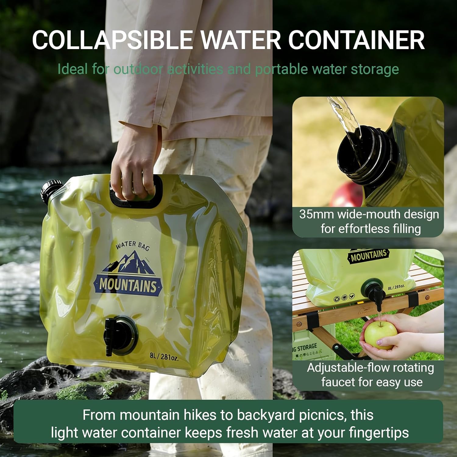 Collapsible Water Container 8L Camping Water Jug with Adjustable Faucet, Leakproof BPA Free Food Grade Water Bag for Camping Backpack Hiking Emergency Prep 1 Pack