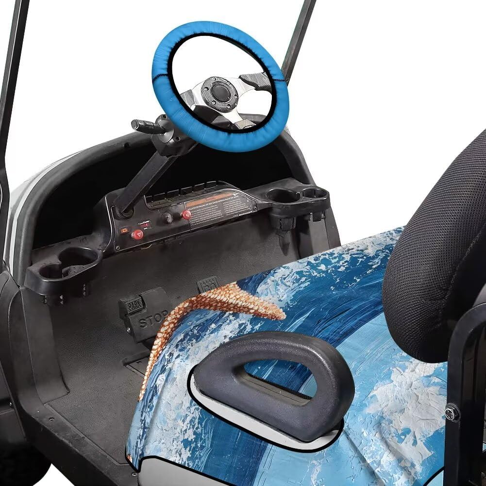 Beach Golf Cart Seat Covers 2 Pack with Steering Wheel Cover Starfish Golf Cart Seat Towel Blanket Conch Steering Wheel Cover Protector for All Club Cars and More 2-Seats Cart