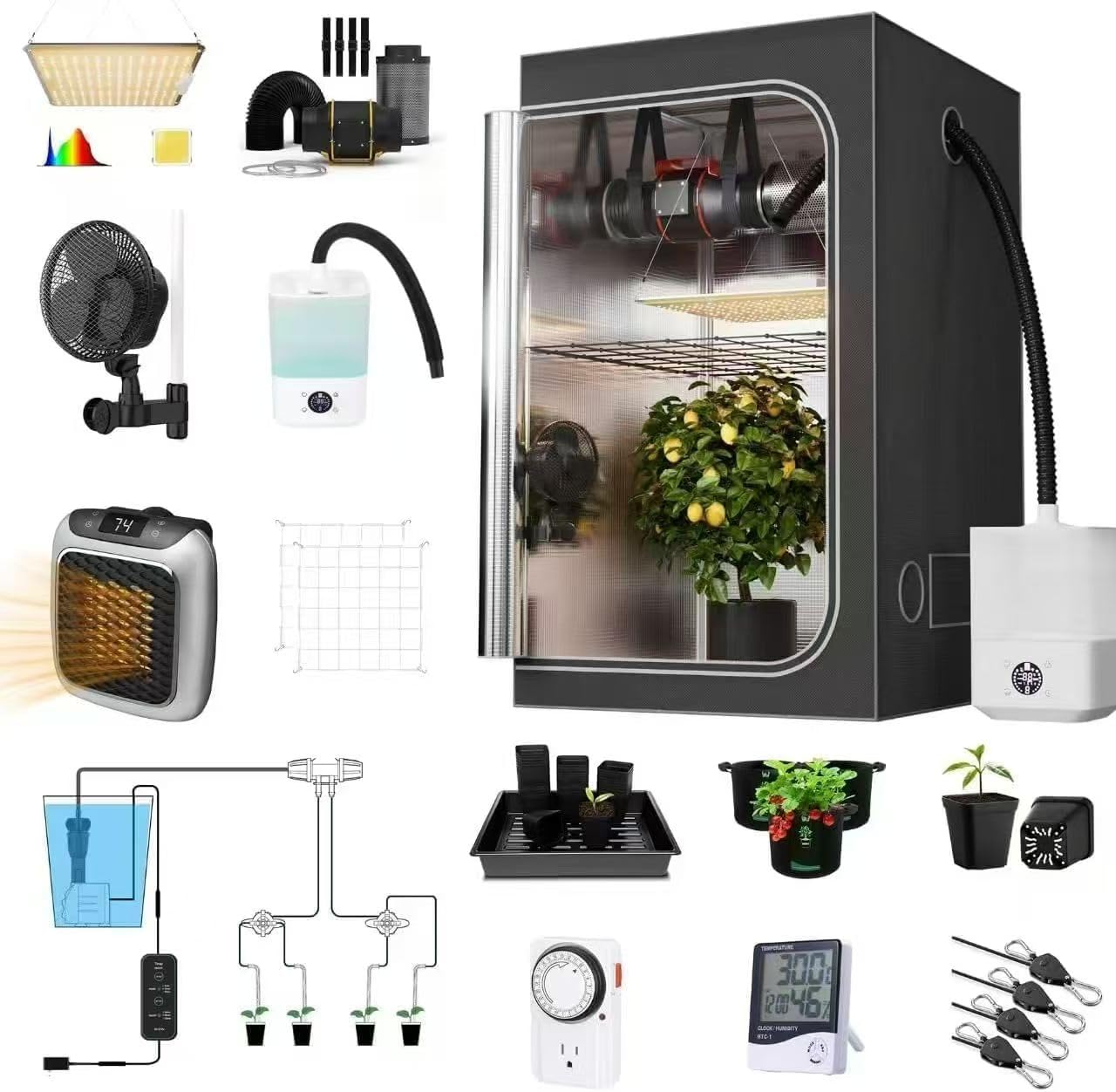 Kit Tente De Culture Complète LED Full Spectrum avec Ventilation Filtre Charbon, Arrosage Auto, Chauffage, Humidificateur & Ventilateur Pince