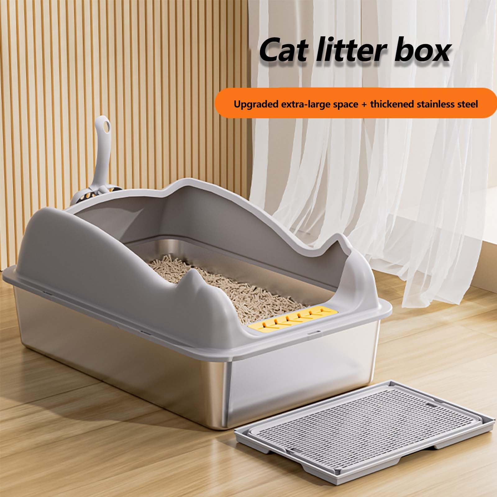 Lettiera per Gatti in Acciaio Inossidabile con Coperchio, Coperchio a Fogli mobili lettiera ad Ingresso Superiore con lettiera a Strato di lettiera, Non appiccicoso, Non Odor, Facile Pulizia Gray