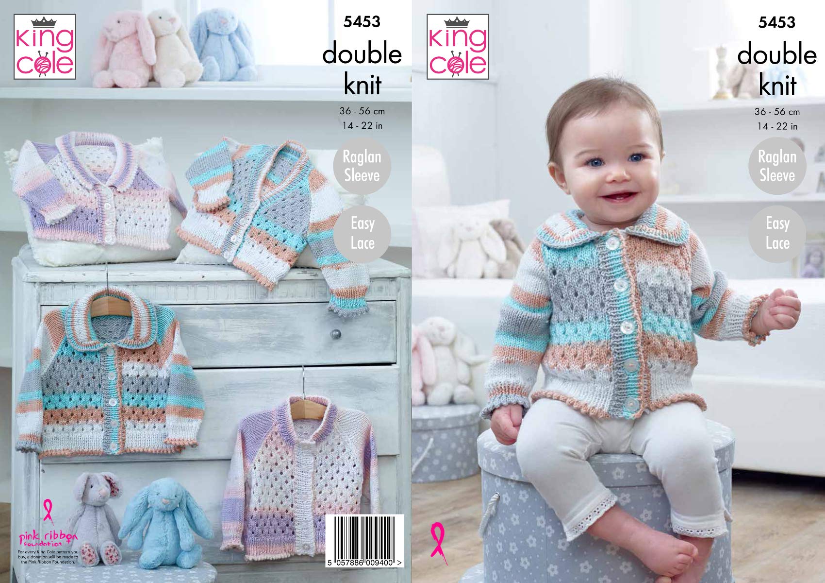Easy Knit Baby Double Knitting Pattern Raglan Sleeve Cardigans King Cole 5453