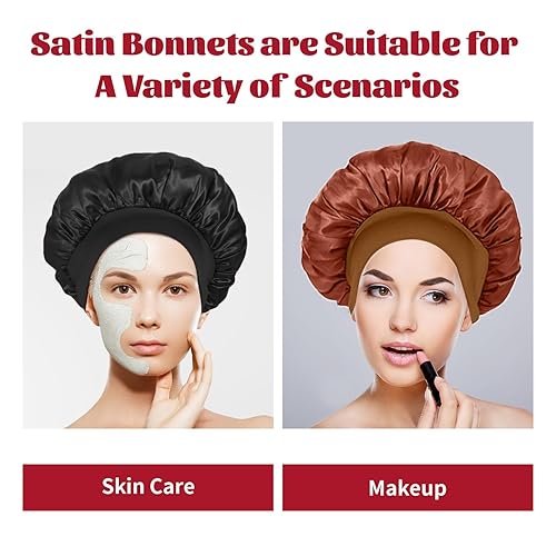 Miniatura 25 de 2 gorros de satén para dormir, gorros de seda para el cabello, banda elástica suave, gorro de seda para dormir, envoltura para el cabello para mujer