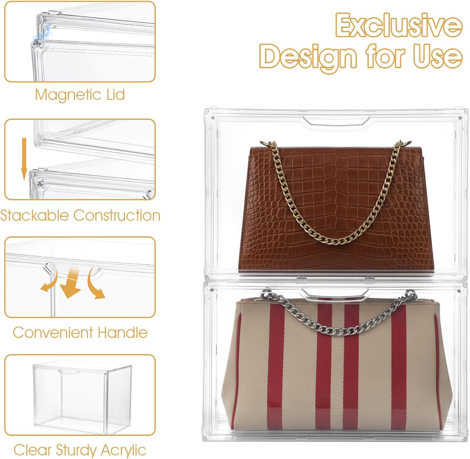 2-Pack 14.2" L x 8.9" W x 10.6" H Clear Acrylic Display Case with Magnetic Lid, Stackable Storage Bins for Collectibles, Figures, Handbags, and Shoes, Dustproof Organizer Box for Home Office
