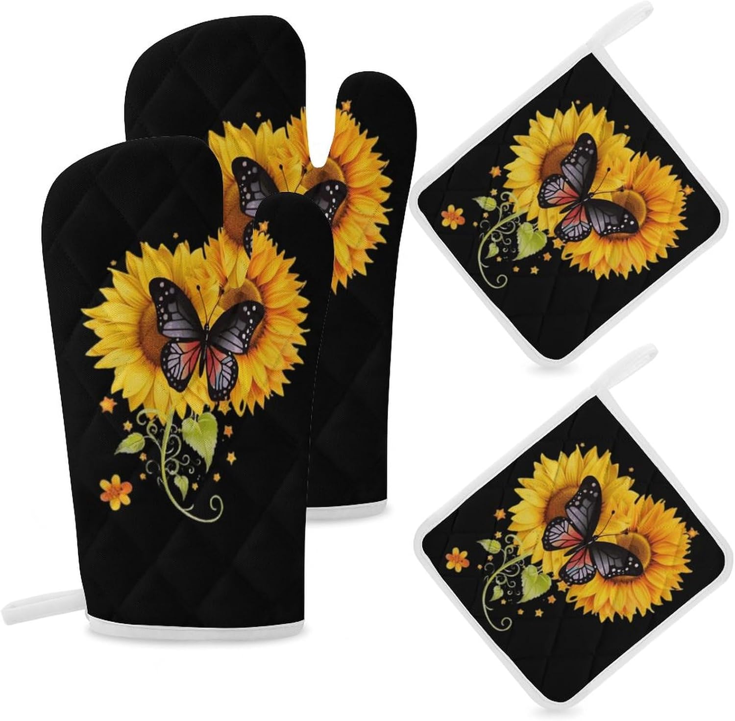Sunflower Butterfly 4 Pcs Oven Mitts and Pot Holders Set High Heat Resistant Long Kitchen Oven Glove Potholders