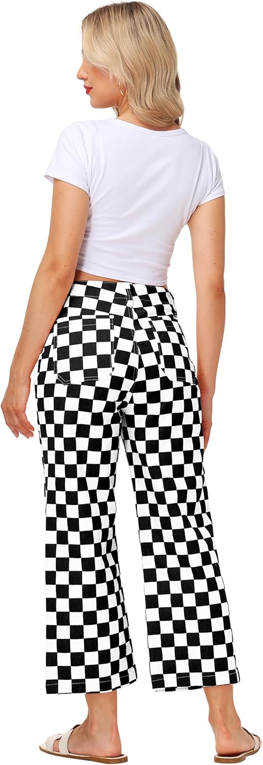 Women Checkered Cropped Jeans Straight Leg Stretchy Denim Pants with Pockets - Image 7