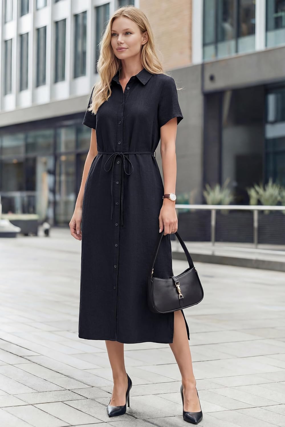 Arach&Cloz Women's Linen with Pockets Midi Summer Spring Shirt Dress 2026