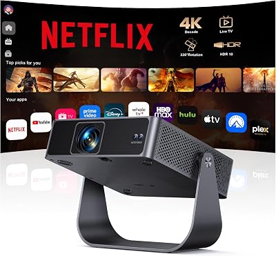 Smart Beamer【Kompatibel mit Netflix/Live TV/330° Drehbar】 Mini Beamer 4K mit Autofokus/6D Trapezkorrektur, Mini Projector 4K 1080P Full HD WiFi6 & Bluetooth Heimkino/Outdoor Klein Projektor für Handy