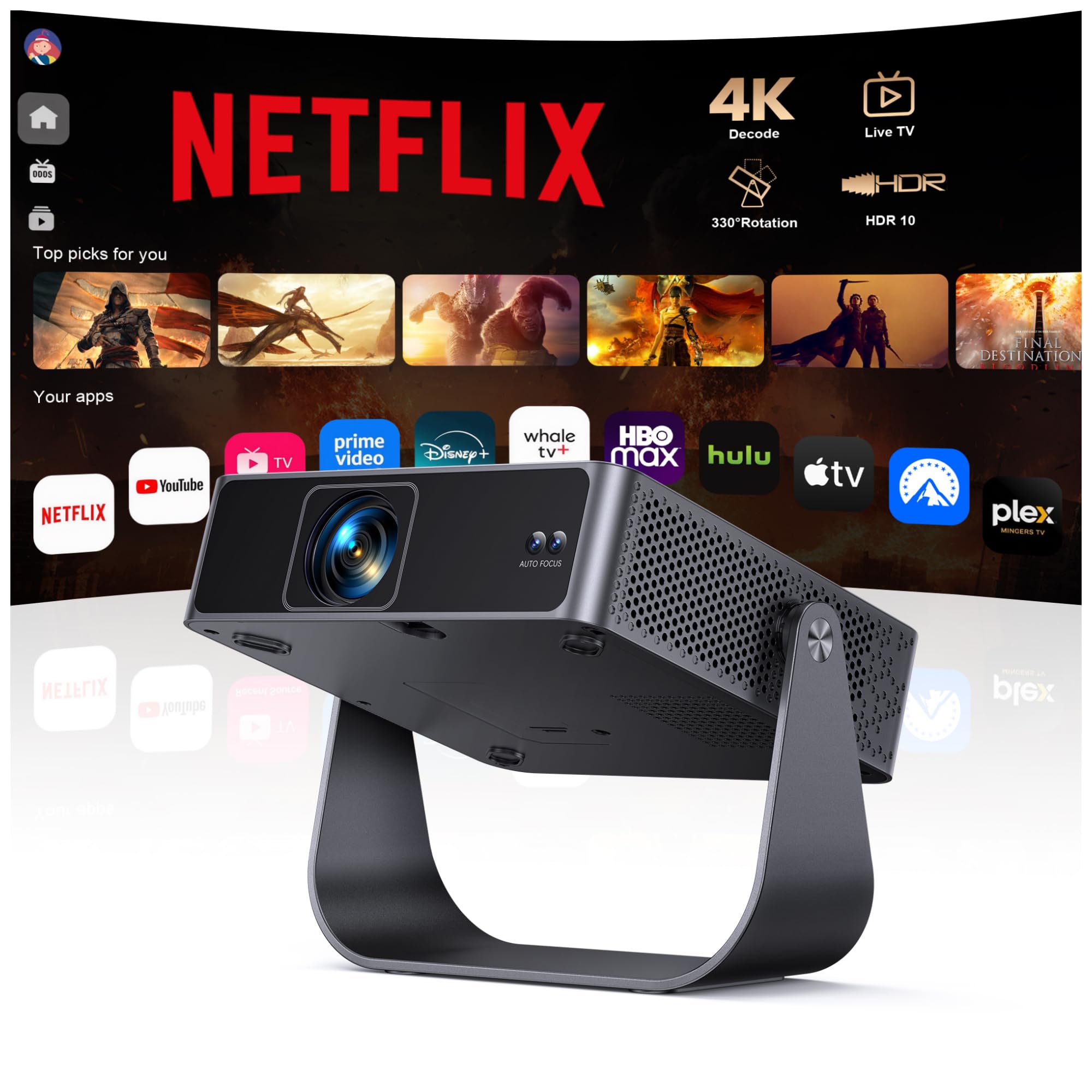Smart Beamer【Kompatibel mit Netflix/Live TV/330° Drehbar】 Mini Beamer 4K mit Autofokus/6D Trapezkorrektur, Mini Projector 4K 1080P Full HD WiFi6 & Bluetooth Heimkino/Outdoor Klein Projektor für Handy