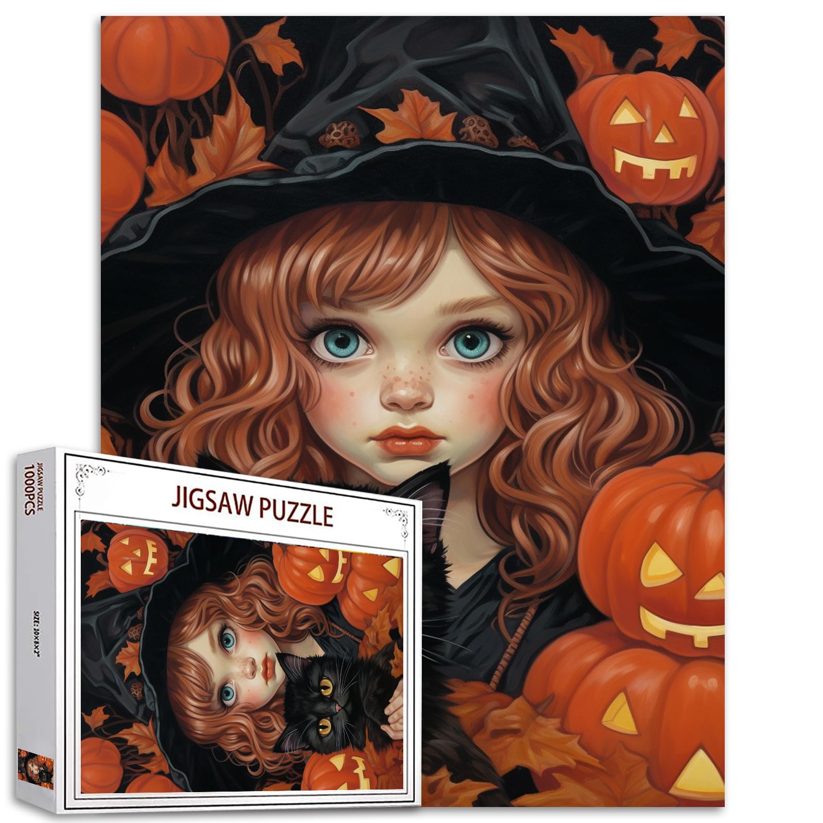 Brown Curly-Haired Doll Holding Black Cat Jigsaw Puzzle Halloween Pumpkin Girl Jigsaw Puzzles for Challenging Family Activity Games DIY Puzzle for Home Wall Decor Gifts 20 x 27 Inch