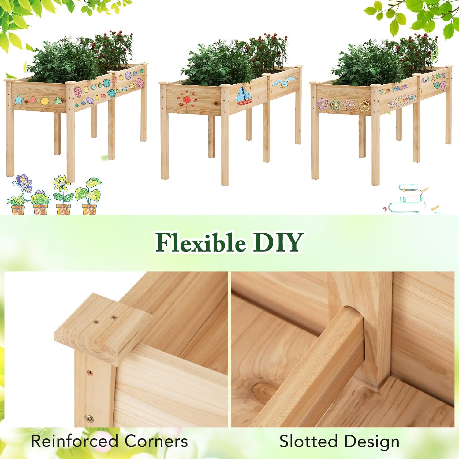 Raised Garden Bed with Legs, Elevated Planter Box with Divider & 8 Drainage Holes, Pine Wood Garden Box for Vegetables, Flowers, Fruits & Herbs (Natural)