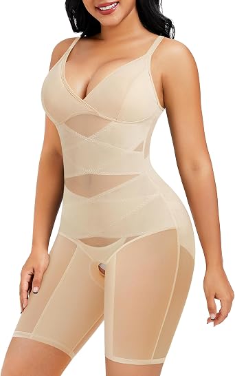 REYEOGO Bodysuit Shapewear for Women Tummy Control Butt Lifter Full Body Shaper Thigh Slimmer Faja V-Neck Jumpsuit Body Suit