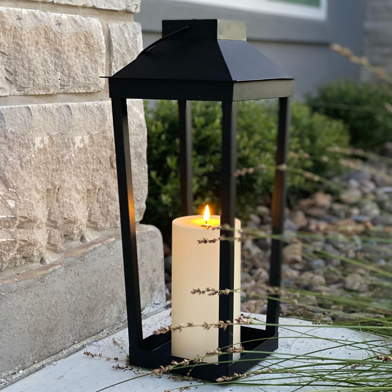 Large Outdoor Lantern Solar Powered - 19 Inch Tall, Black Metal