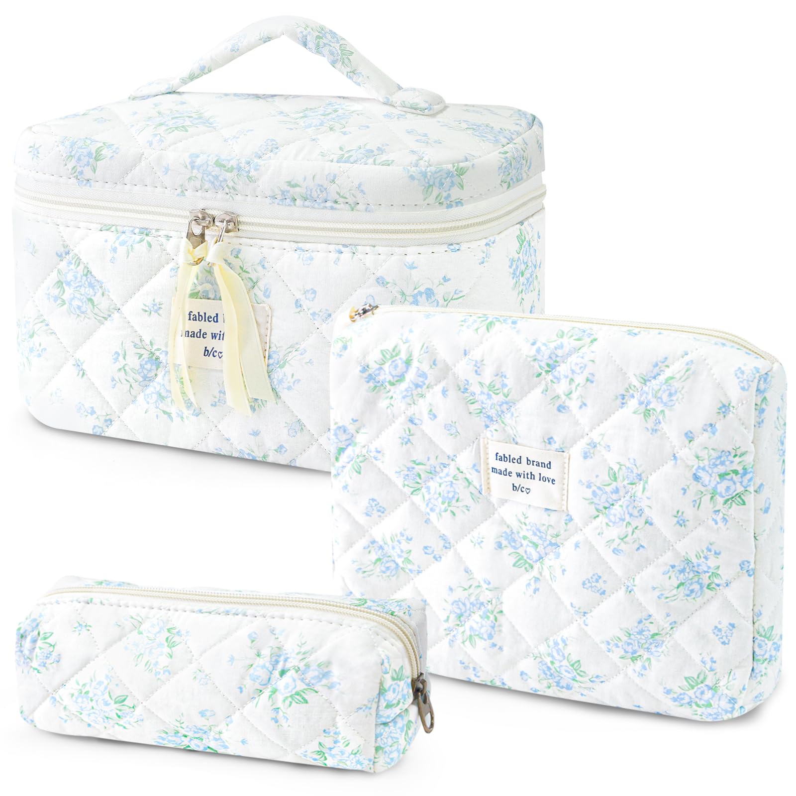 Givurao 3Pcs Cotton Quilted Makeup Bag for Women Girls, Large Floral Cosmetic Bag Set Cute Makeup Brushes Aesthetic Accessories Storage Bag Blue Rose