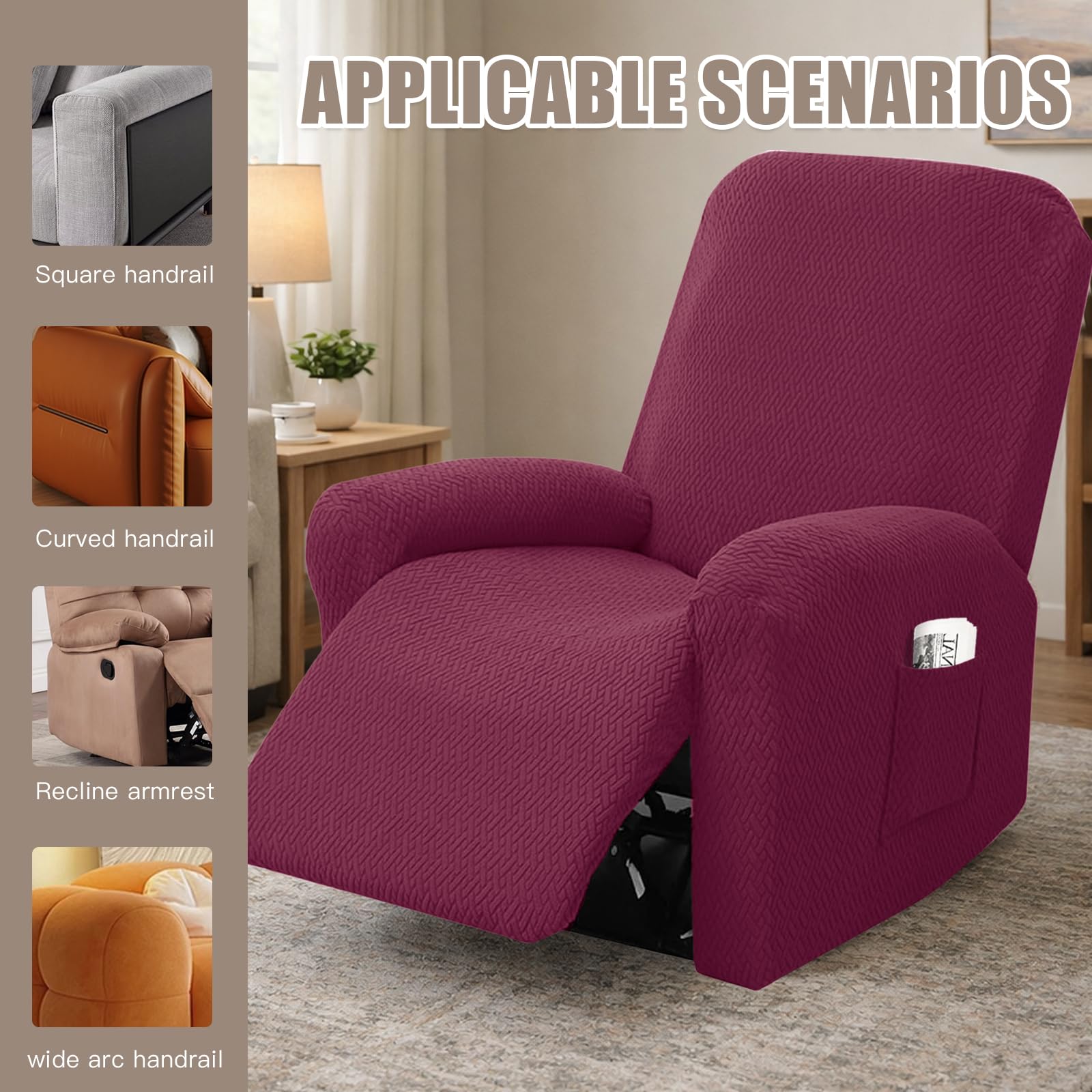 Set di 4 Copri Poltrona Relax Reclinabile, Copripoltrona 1 Posto Elasticizzato con Tasche e Braccioli,Utte le Inclusive Strisce Jacquard, Lavabile (Borgogna)