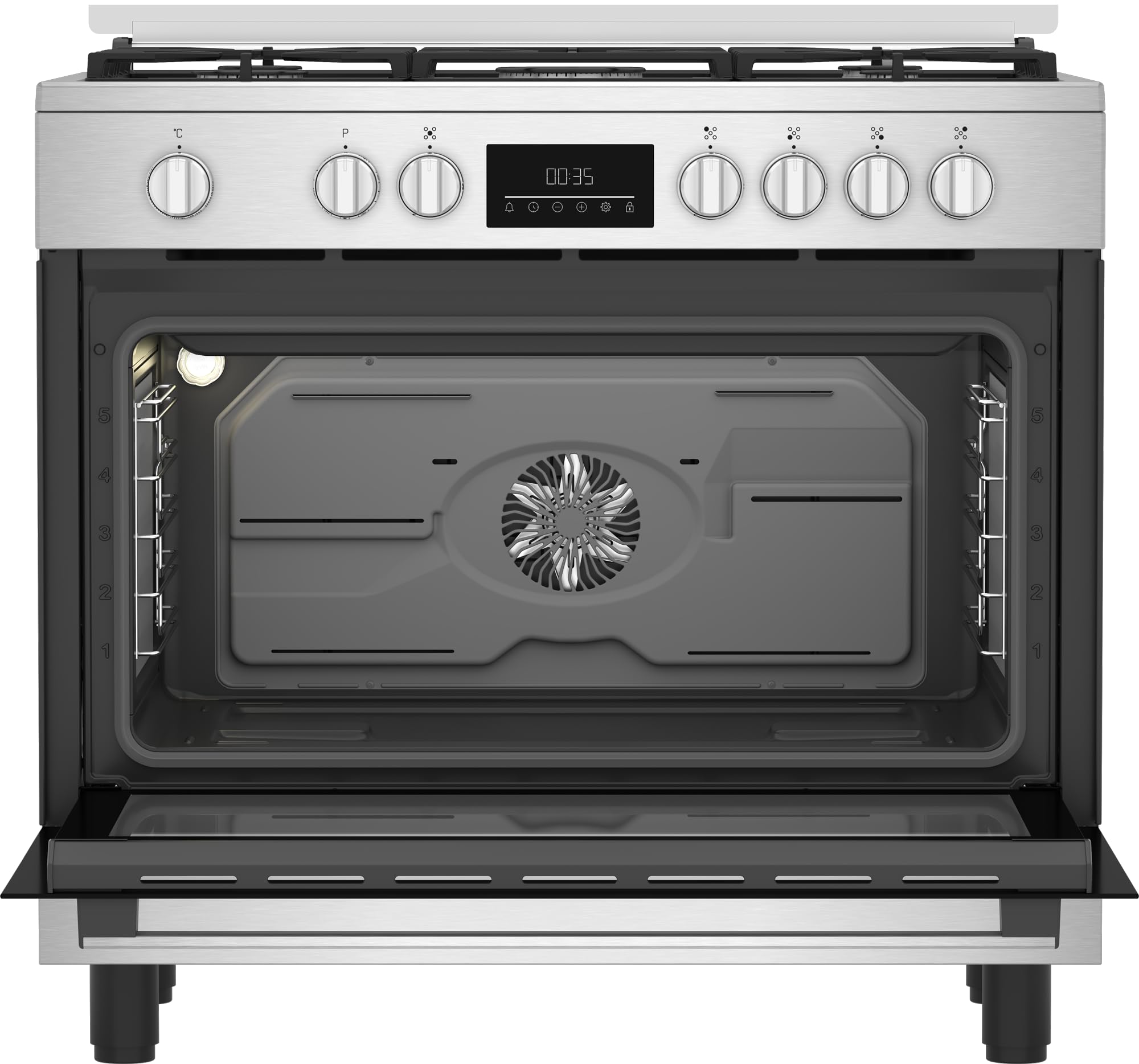 Beko Cucina a Gas 90x60 cm, BGM11226EX, Serie bPRO 500 Forno Multifunzione 111L, Piano Cottura 5 Fuochi con Tripla Corona, Griglie in Ghisa, Touch Control, Inox/Nero, Classe A+