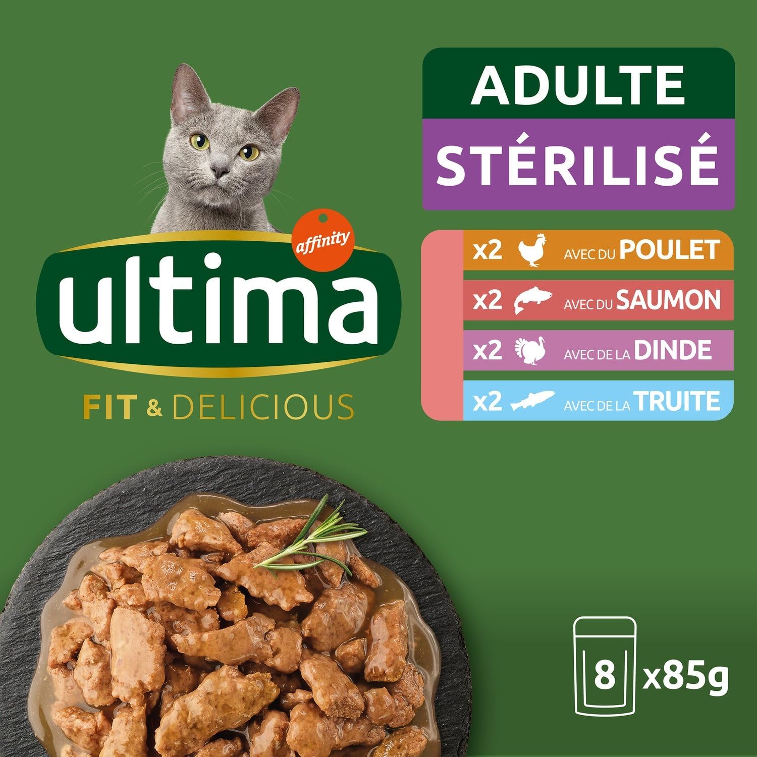 Ultima - Pâtée pour Chat Adulte Stérilisé en Sauce Poulet Saumon Dinde Truite, Lot de 8x85g - Lot De 3