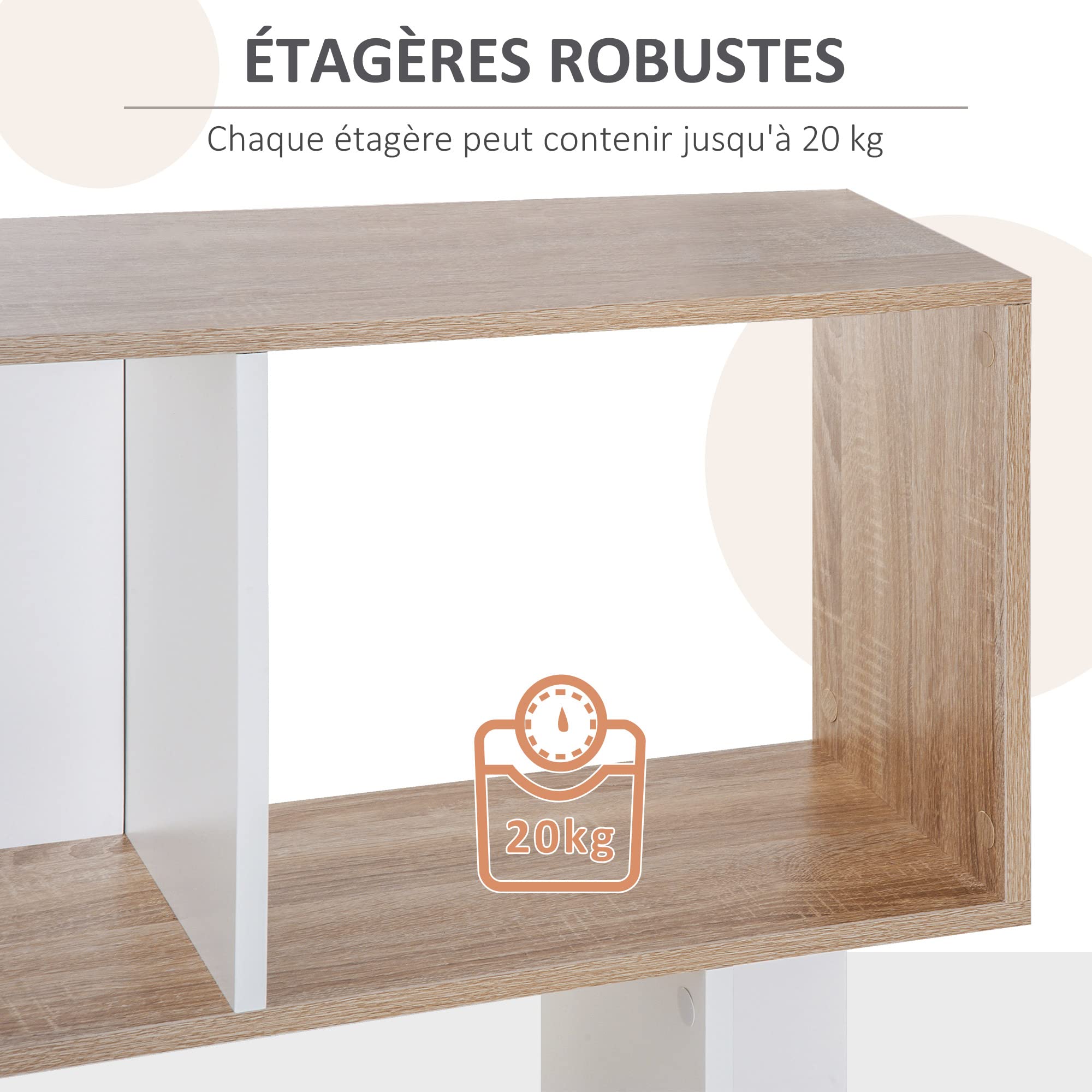 HOMCOM Bibliothèque à 5 Niveaux Forme S 60 x 24 x 184,5 cm Blanc | Meuble de Rangement avec Étagères, pour Salon Chambre Bureau, Étagère de Rangement, Bois de Chêne