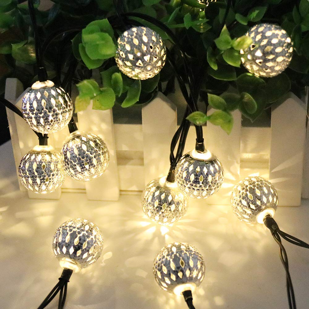 OKQYIMAQQ Solar Metal Ball String Lights Outdoor, 7m 50LED Solar Metal Ball Globe String Lights Waterproof 8 Mode for Garden Yard (Warm White)