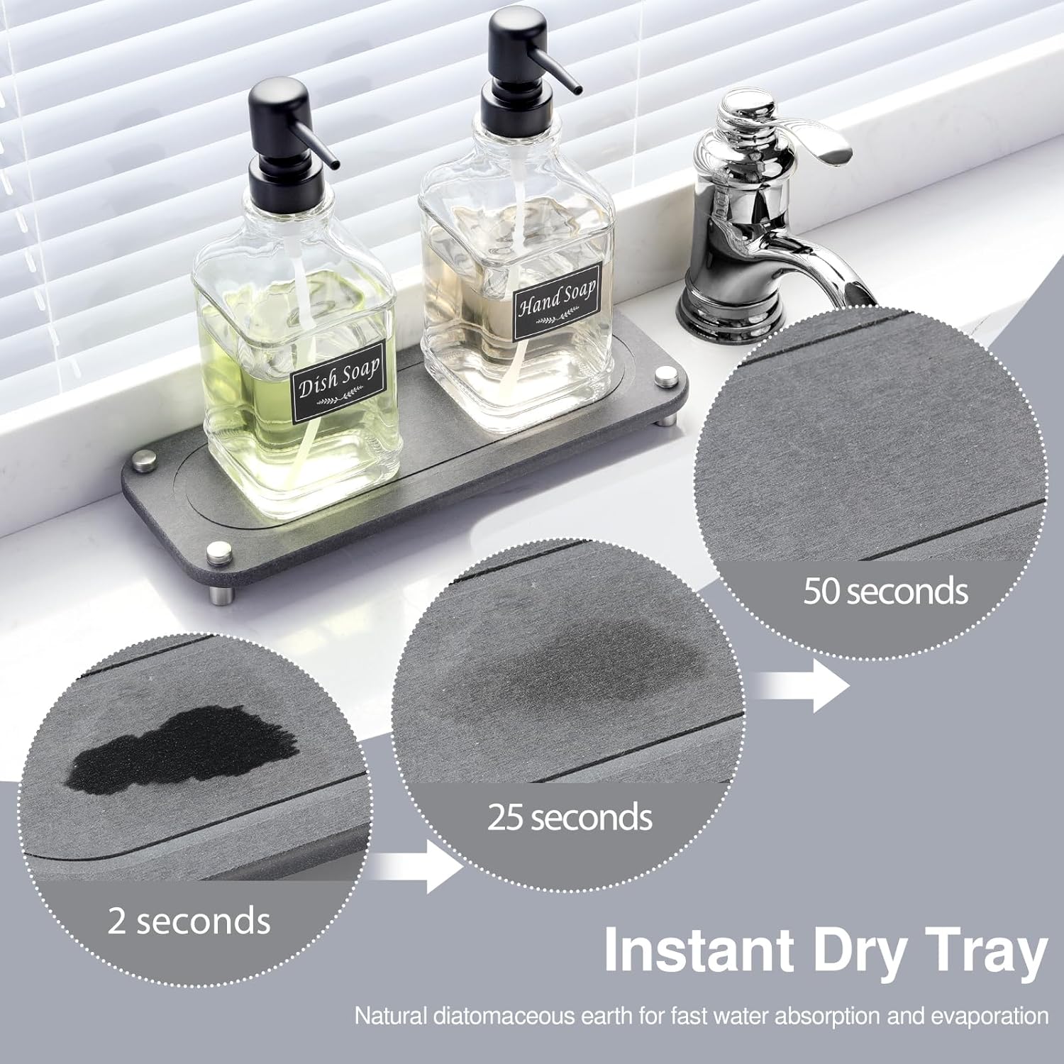 Shinowa Kitchen Soap Dispenser Set, Soap Dispenser for Kitchen Sink with Water Absorbing Stone Tray, 2 Pack 18OZ Thick Glass Hand and Dish Soap Dispenser with Pump, Stylish Bathroom Decor Accessories - Image 3