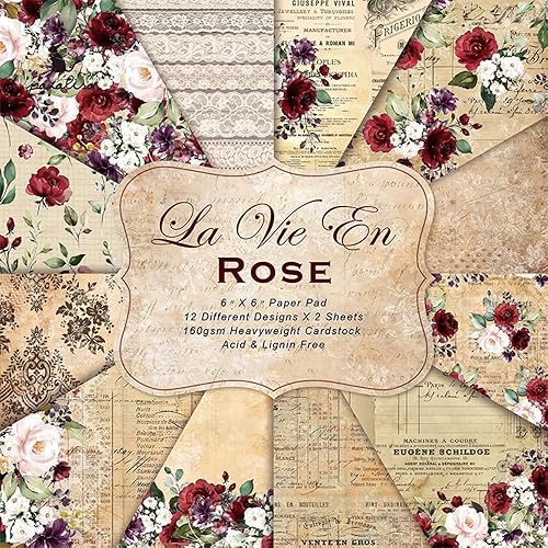 24 hojas de papel de álbum de recortes con patrón vintage, cartulina temática de rosas de un solo lado, bloc de papel de cartulina de 6 x 6