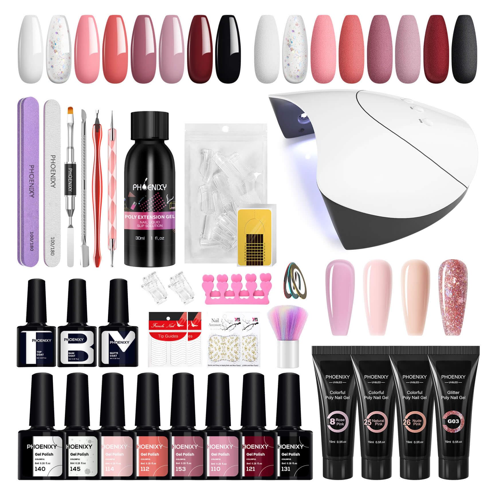 Kit Unghie Gel Completo Phoenixy con Lampada U V/LED 36W 8 Colori Smalto per Unghie + 4 Colori Gel Ricostruzione Unghie Kit Semipermanente Unghie Nail Art Set Professionale