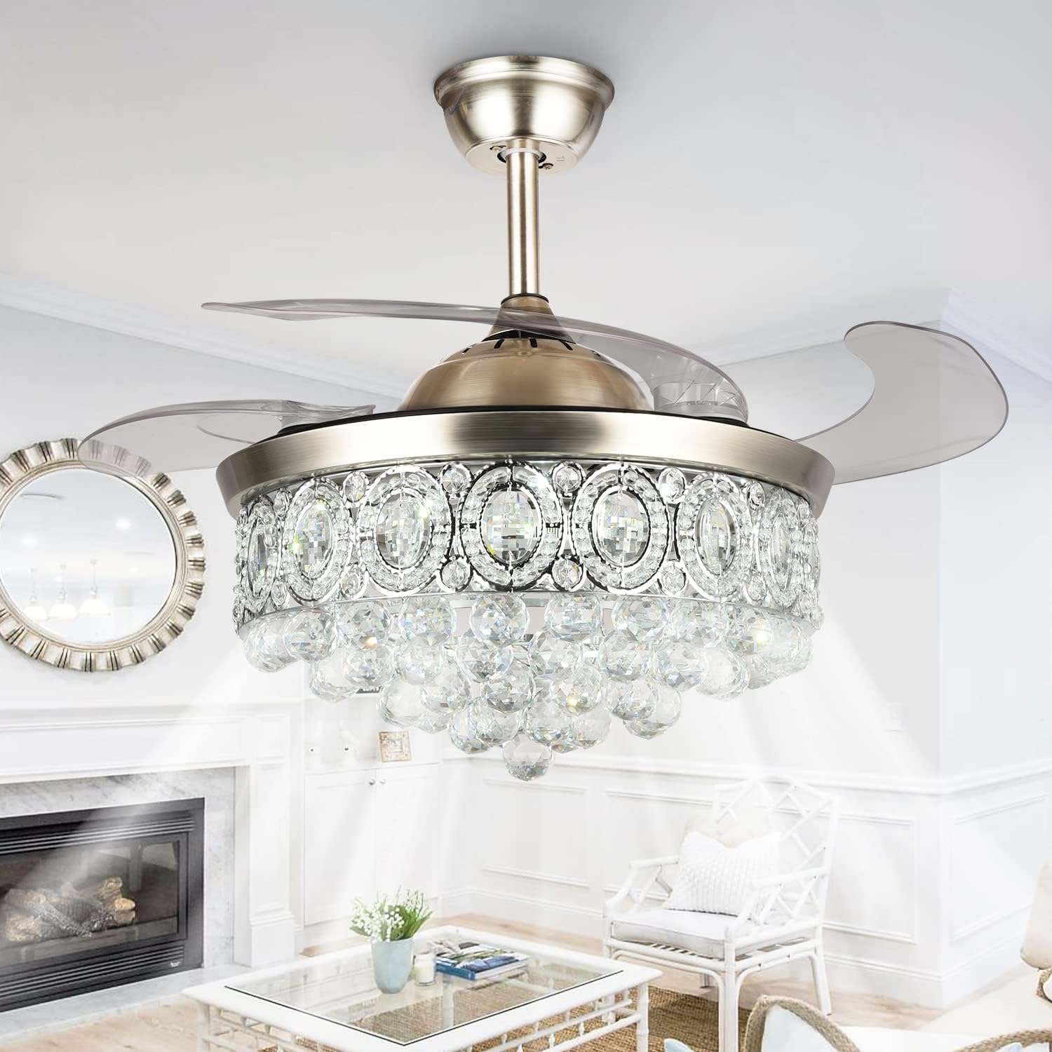 MORE CHANGE 42" Crystal Chandelier Ceiling Fan with Lights, and Remote Control Retractable Blades Modern LED Fandelier Fan Lighting 3 Speeds 3 Color Changes,Fixtures for Living Room Bedroom(Silver)