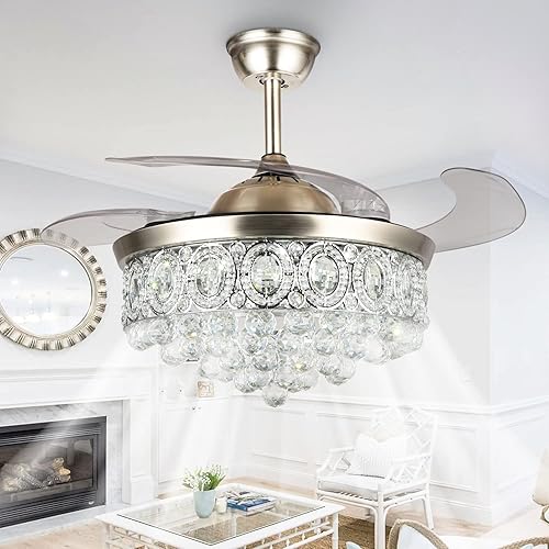 MoreChange - Ventilador de techo de araña de cristal de 42 pulgadas con luces y cuchillas retráctiles de control remoto, moderno ventilador LED de