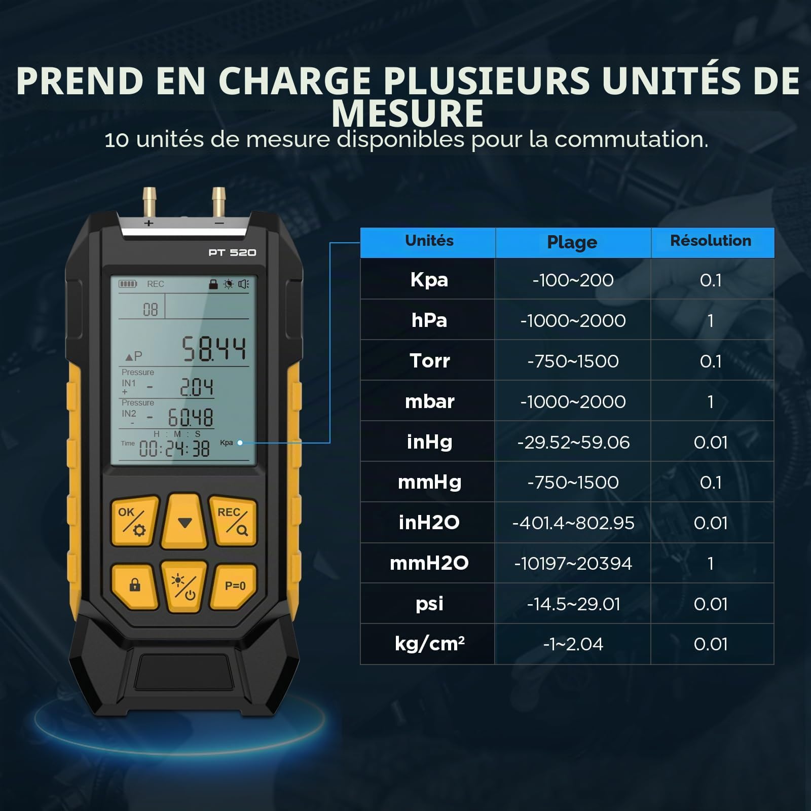 PT520 Manomètre numérique de pression d'air -100-200 KPa Résolution 0.1 pression d'air 10 unités différentielles Manomètre numérique de pression de gaz HVAC à double port avec écran LCD rétroéclairé