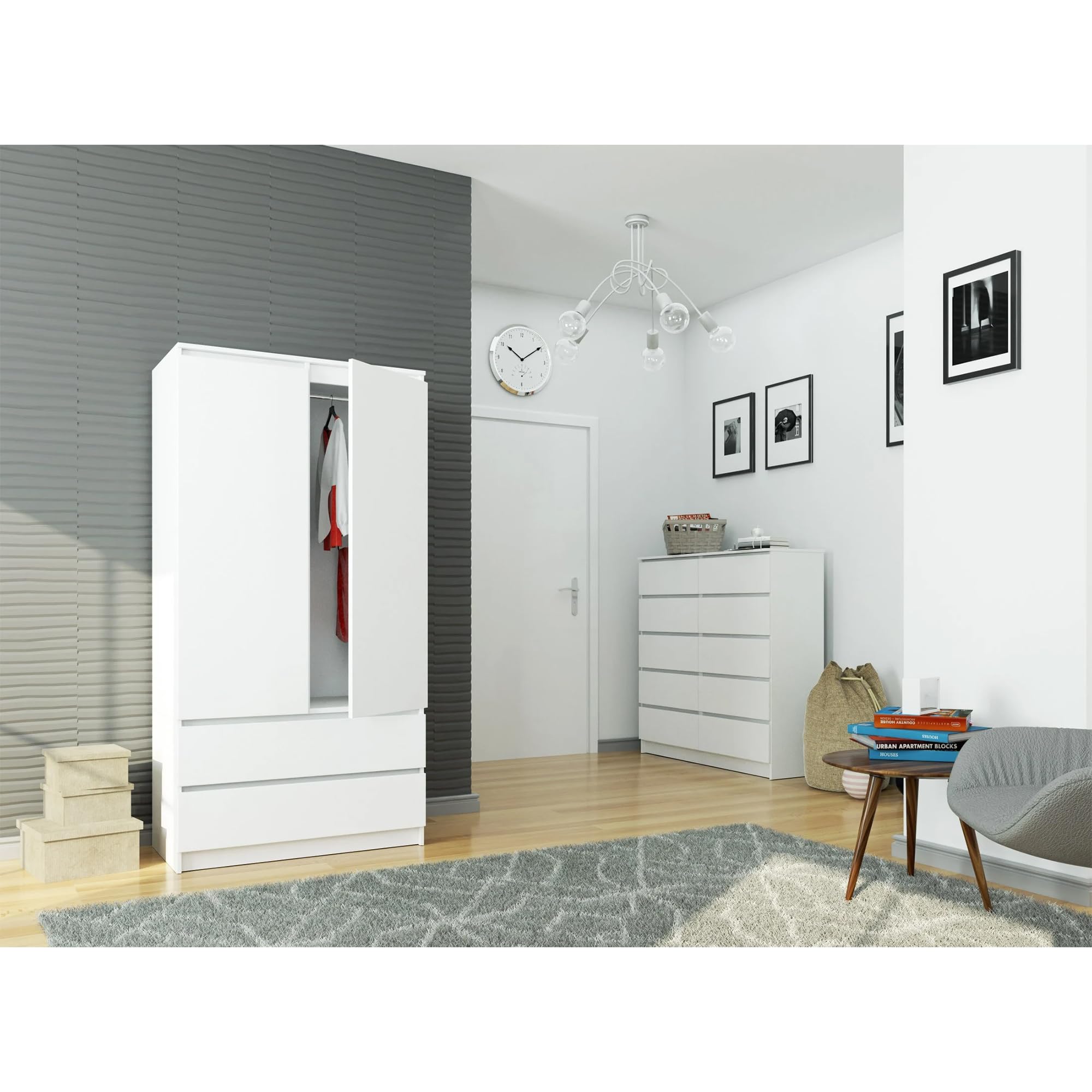 AKORD Armoire 2 Portes | Armoir Chambre 2 Tiroirs avec Etagères et Une Tringle | L90 x H180 x P51 cm | Panneau Stratifié 16mm | Armoire sans Penderie Chambre | Dressing Rangement Placard