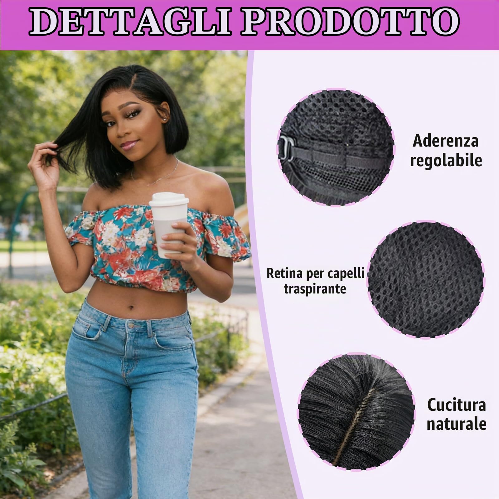 Parrucca Nera Bob per Donna, Capelli Sintetici Lisci Corti da 12 Pollici /30 CM, Separazione Laterale Parrucche Lunghe Fino Alle Spalle per Carnevale Cosplay Feste Quotidiano (Nero)