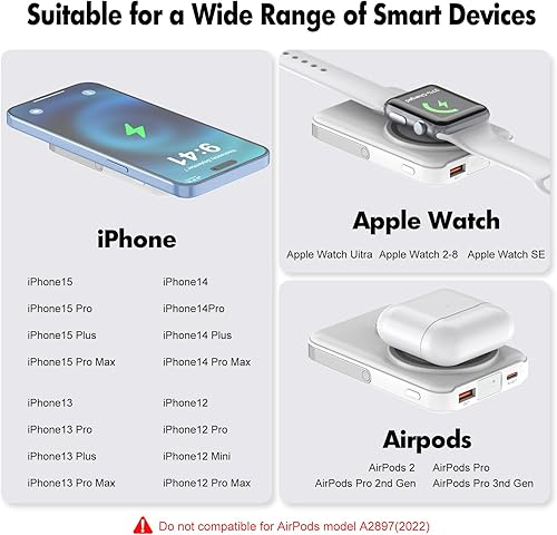 Miniatura 2 de Cargador portátil inalámbrico, banco de energía magnético 3 en 1 de 10000 mAh con pantalla LED, batería de carga rápida de 22.5 W, compatible con