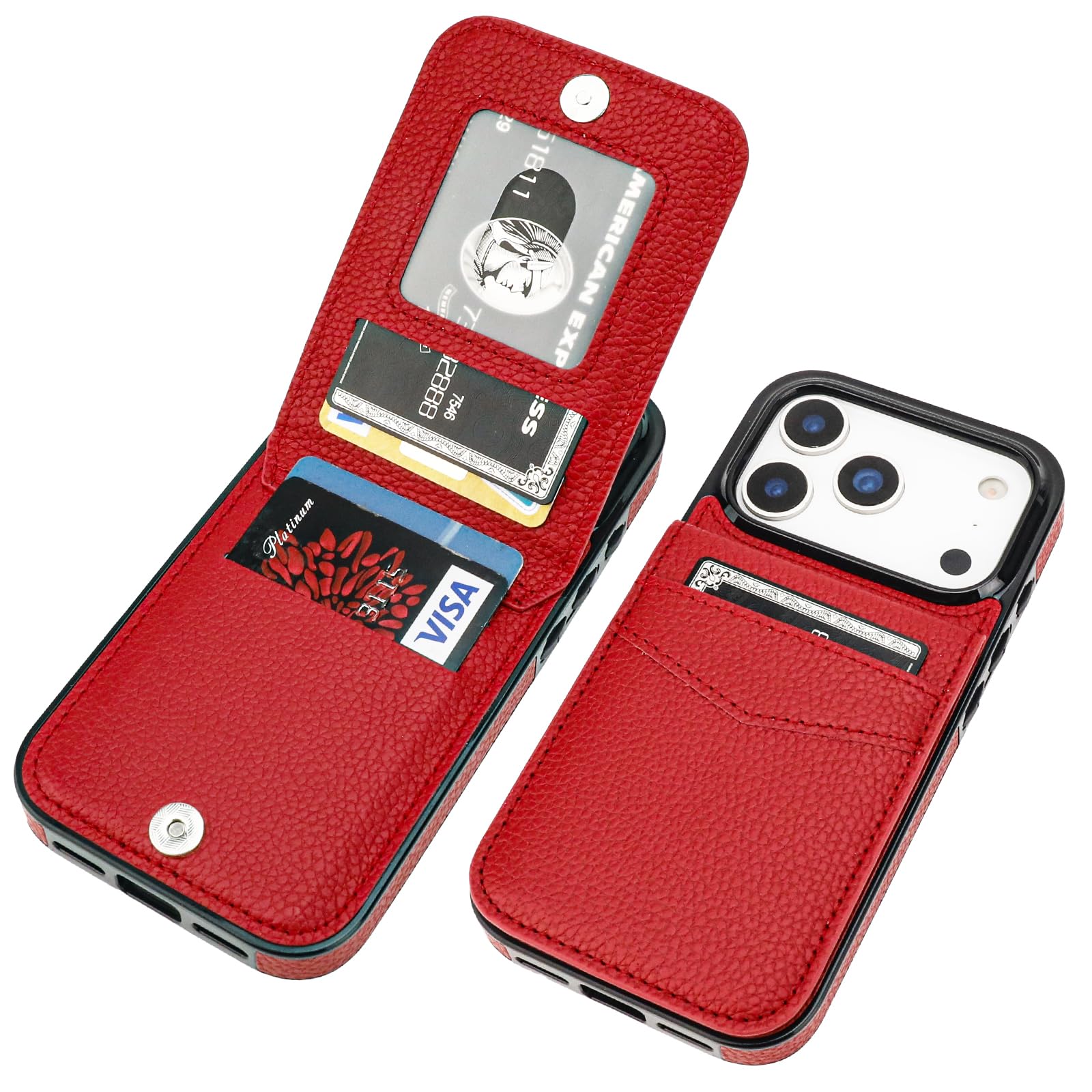 for iPhone 18 Pro/17 Pro Wallet Case Kickstand, Lichee Red