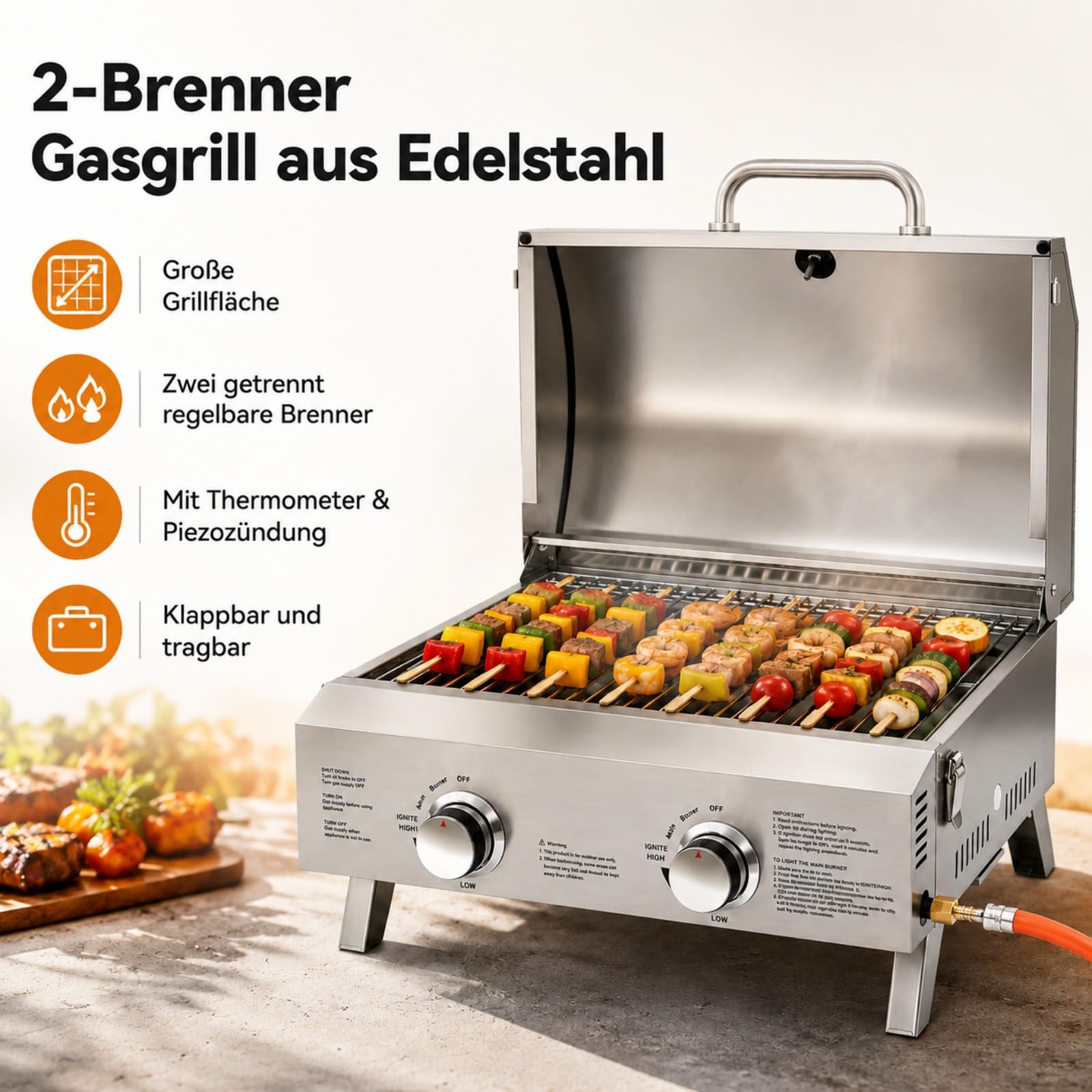 Barbecue à gaz portable en acier inoxydable - 2 brûleurs en acier inoxydable - 55,8 x 45 x 38 cm - Barbecue de camping - Pieds pliables - Pour balcon, camping, jardin