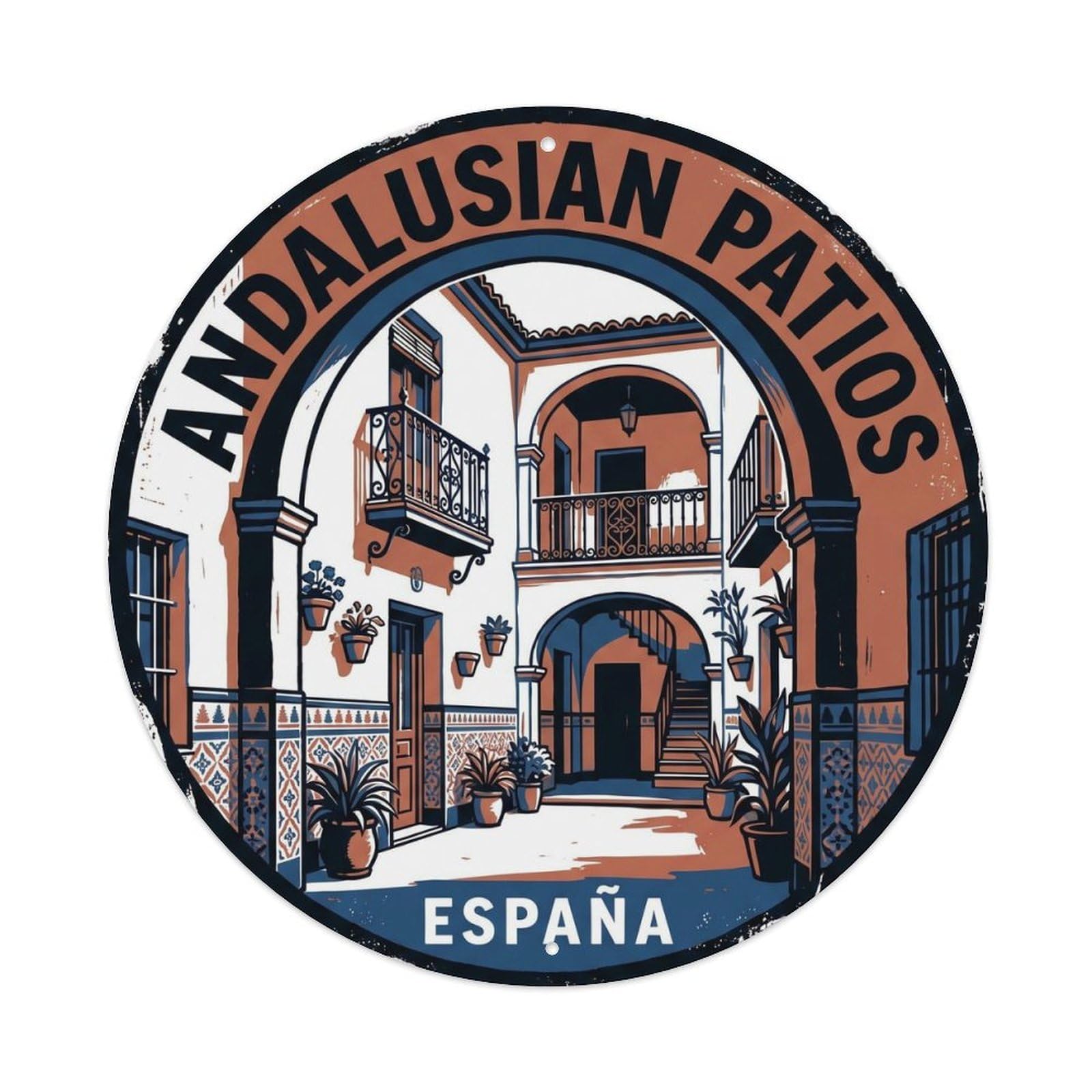 Vintage Travel Courtyard Spain Andalusia Metal Tin Sign Plaque Wall Decor for Cafe, Club, Garden Round Metal Poster 8x8Inch
