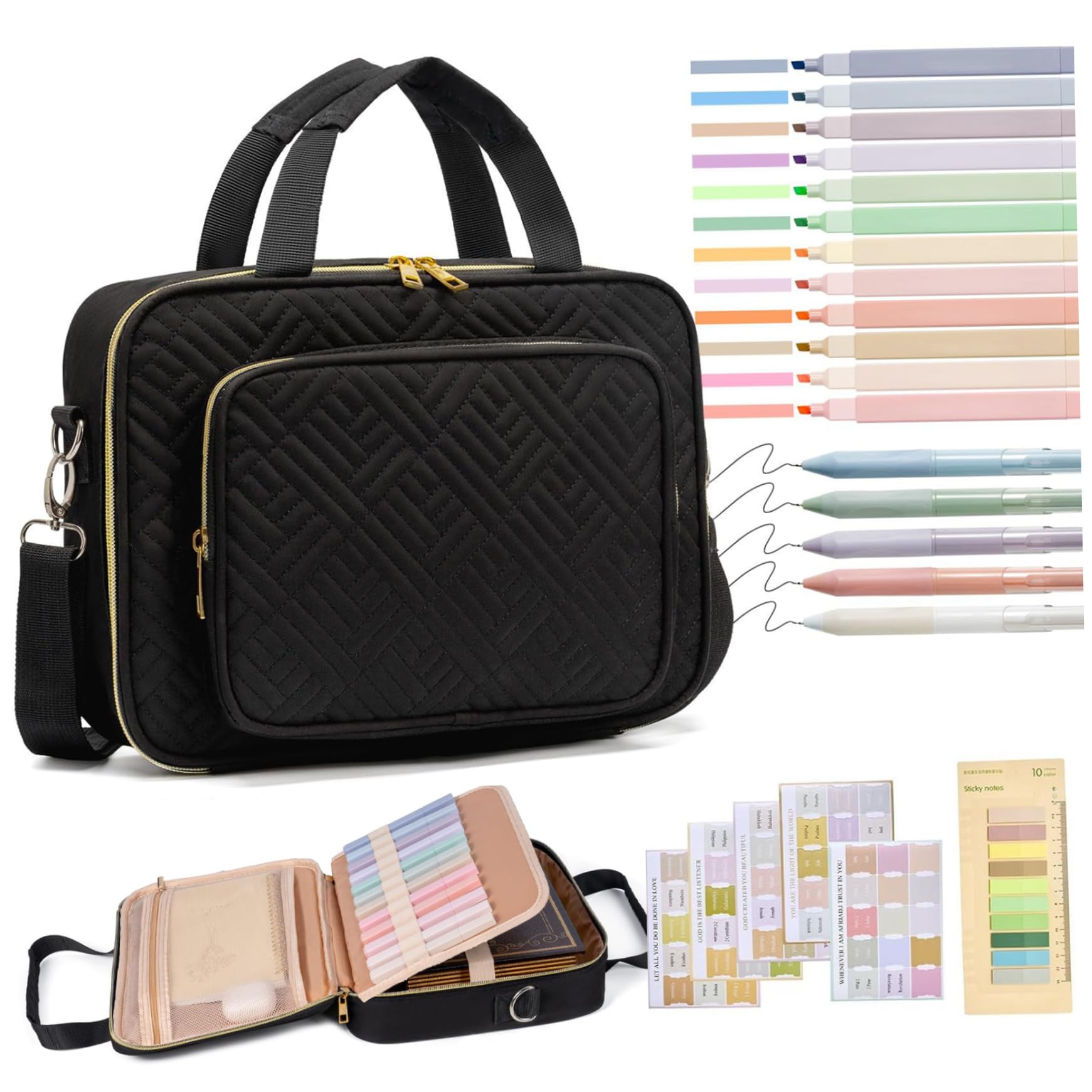 Bible Study Bag, Complete Set Bible Essentials Includes Carrying Case & Highlighters, Tabs & Gel Pens for Women & Men, Black, Décoration de Jardin