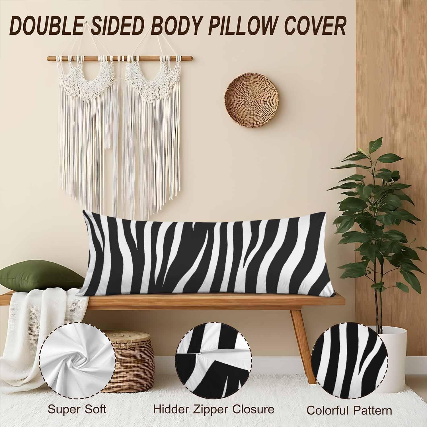 Zebra Decorative Body Pillowcase 20"X54", Black White Zebra Print Outdoor Body Pillow Covers Throw Pillow Body Cushion Covers Oversized Body Pillow Cases for Home Patio Office