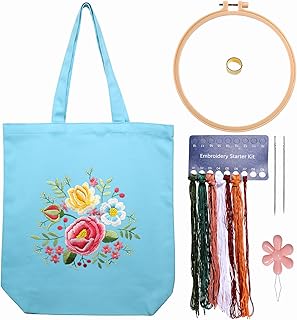 CREAWONDER Kit de bordado de bolsa de lona con patrón para principiantes, artes y manualidades de bordado para adultos, incluye instrucciones, aros de bordado, hilos de color y herramienta