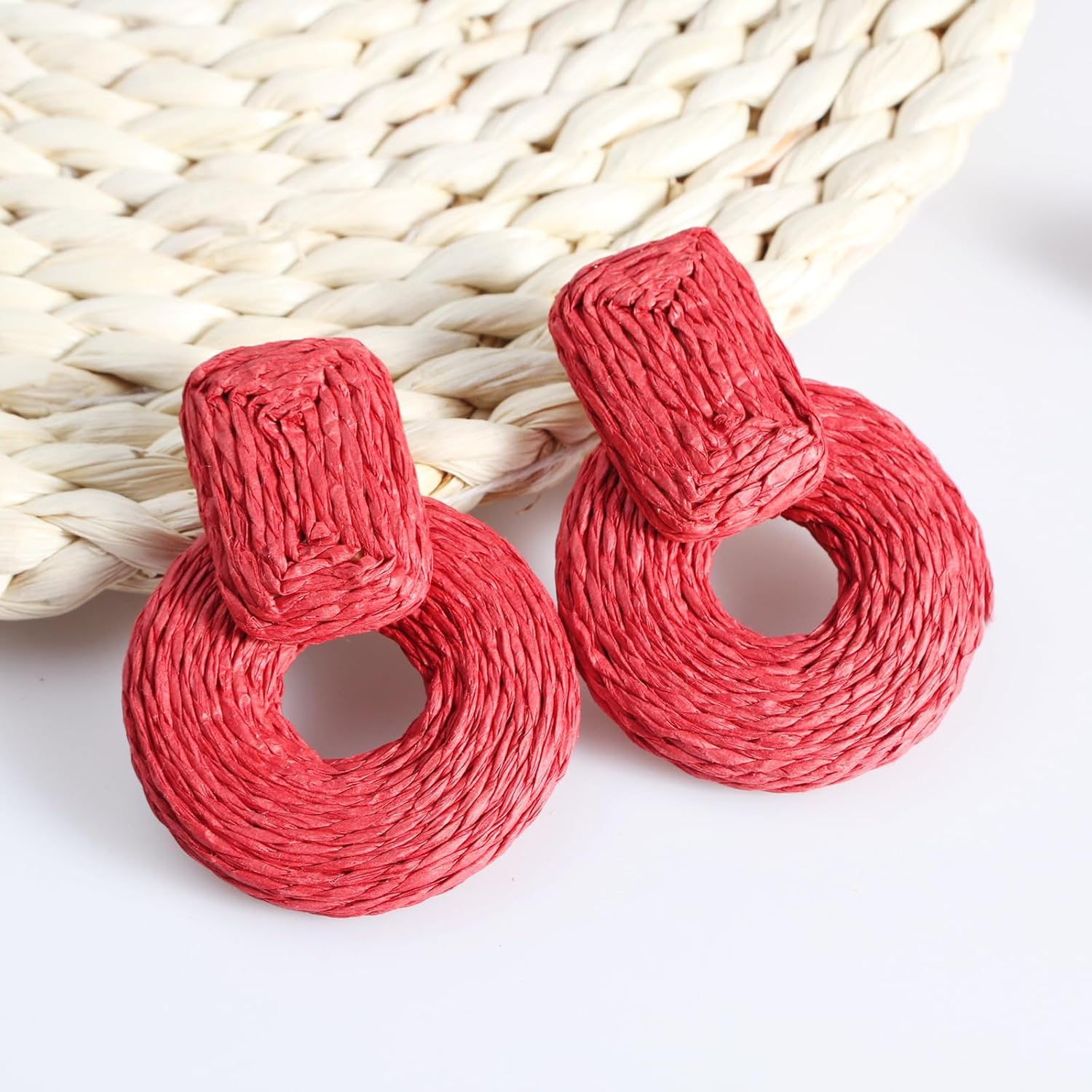 ATIMIGO Handmade Statement Raffia Earrings Cute Boho Rattan Dangle Earrings Lightweight Straw Wrap Summer Drop Dangling Earrings for Women - Image 6