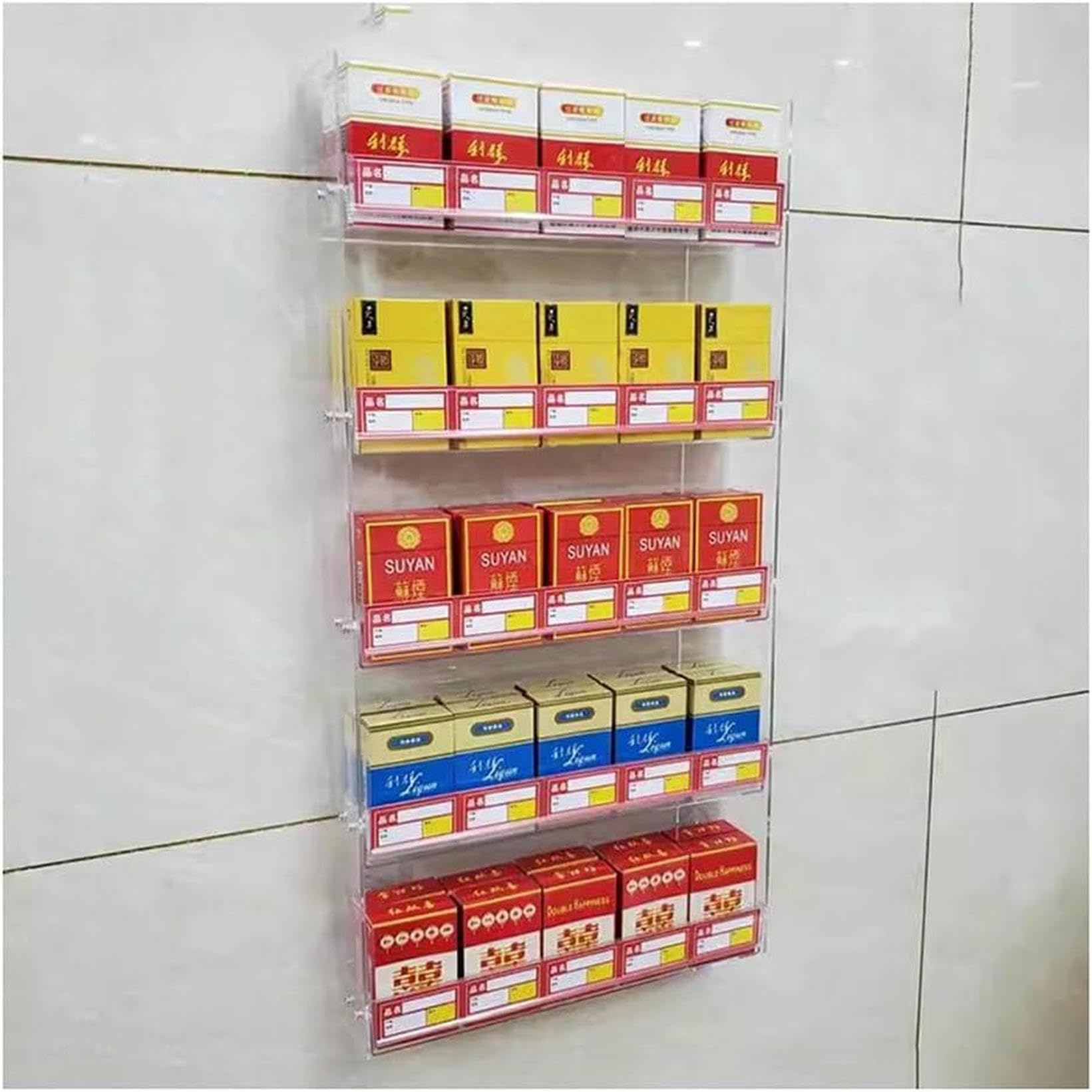 Présentoir à cigarettes mural en acrylique transparent pour petits magasins et buralistes