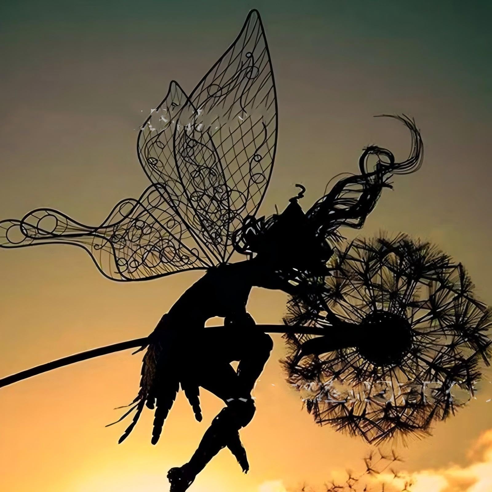 MCMGMALL 3D Fairies Dandelions Garden Art Sculpture Dance Together Yard Decorations Stainless Steel Fairy Ornaments for Outdoor Decoration Metal (A) (H)