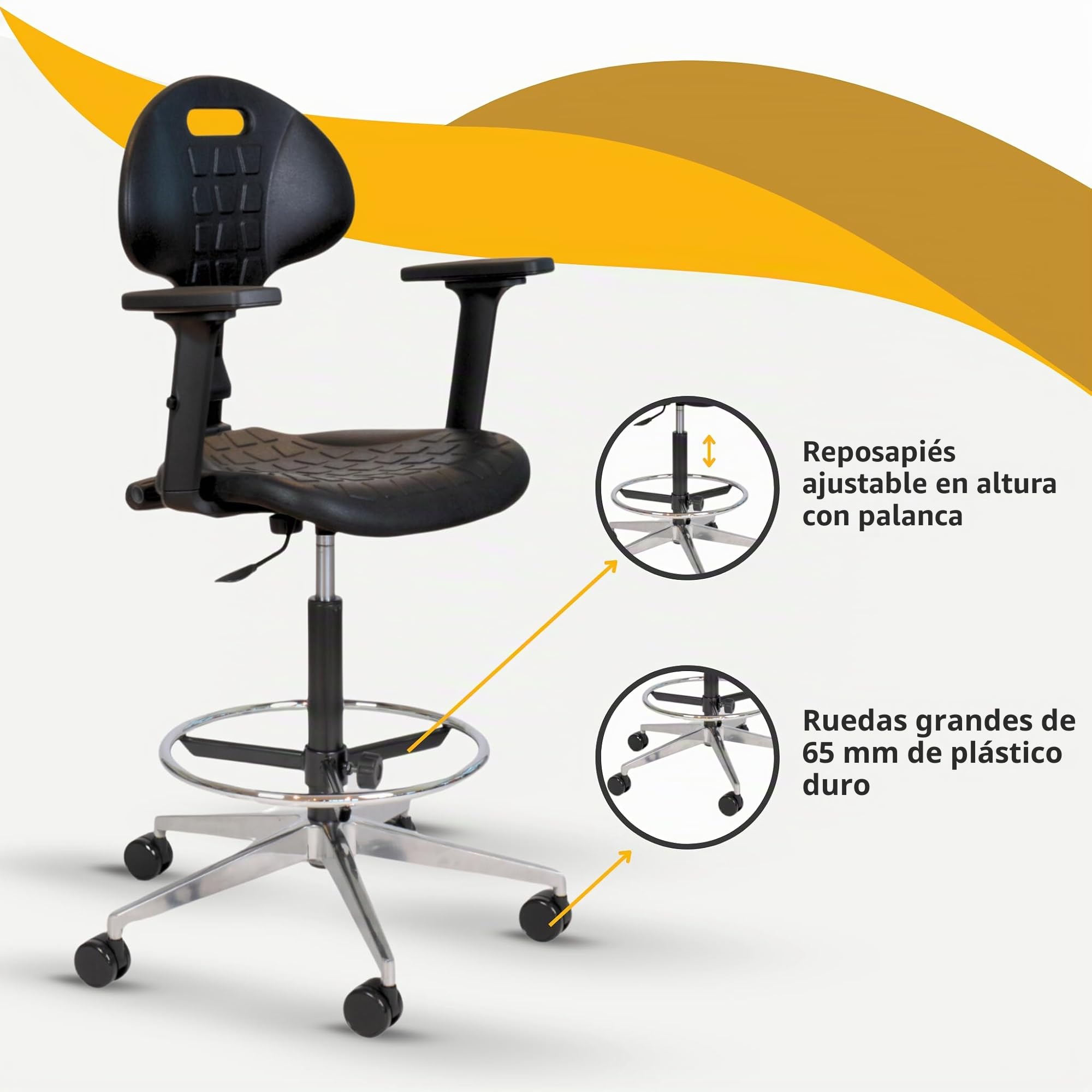 Topsit IND010102+AL - Silla de trabajo de poliuretano con reposabrazos, altura regulable y respaldo ajustable, base de aluminio resistente, reposapiés ajustable, ruedas de 65 mm