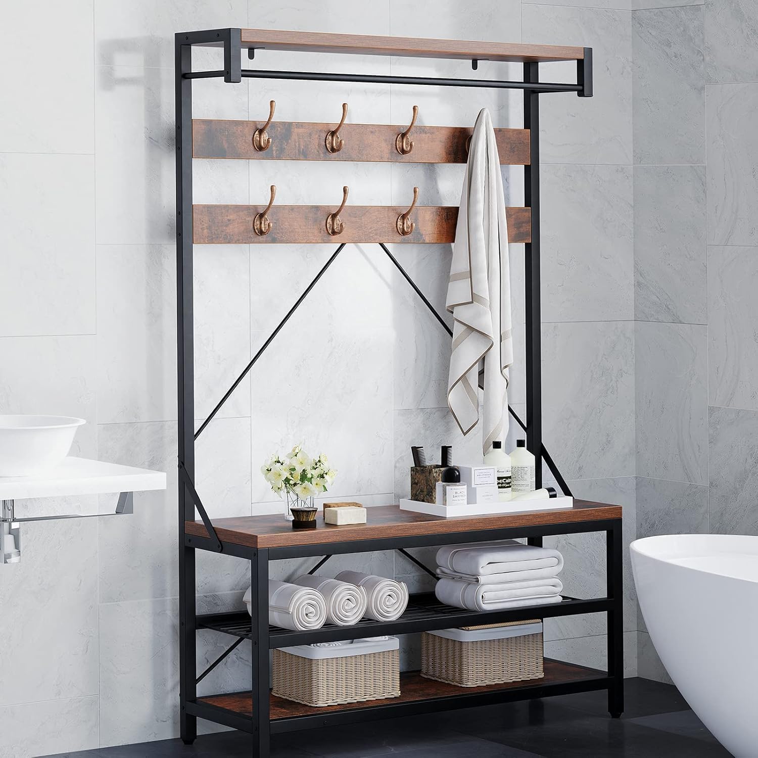 Hall Tree with Bench, Entryway Coat Rack with Storage, Entryway Bench with 8 Hooks, Industrial Shoe Rack Organizer for Foyer, Front Door, Rustic Brown 39.9"x15.7"x72"