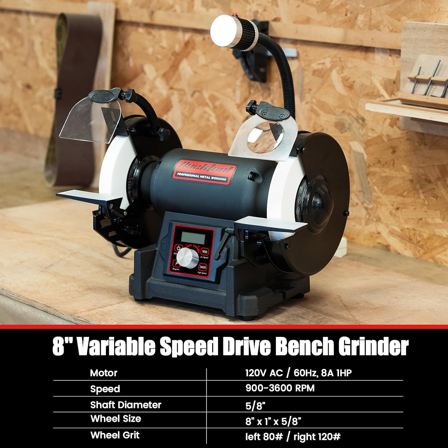 Bucktool 8" VFD Variable Speed Bench Grinder, 1HP Power Professional Wobble-free Wheel Grinder with High/Low Speed Switching for Knife, Metal
